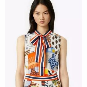 Tory Burch Sienna Neck Bow Silk Patchwork Blouse